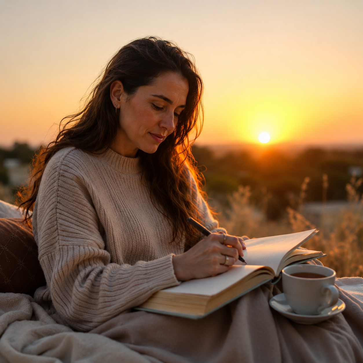 Mujer escribiendo en un diario con una taza de té al amanecer