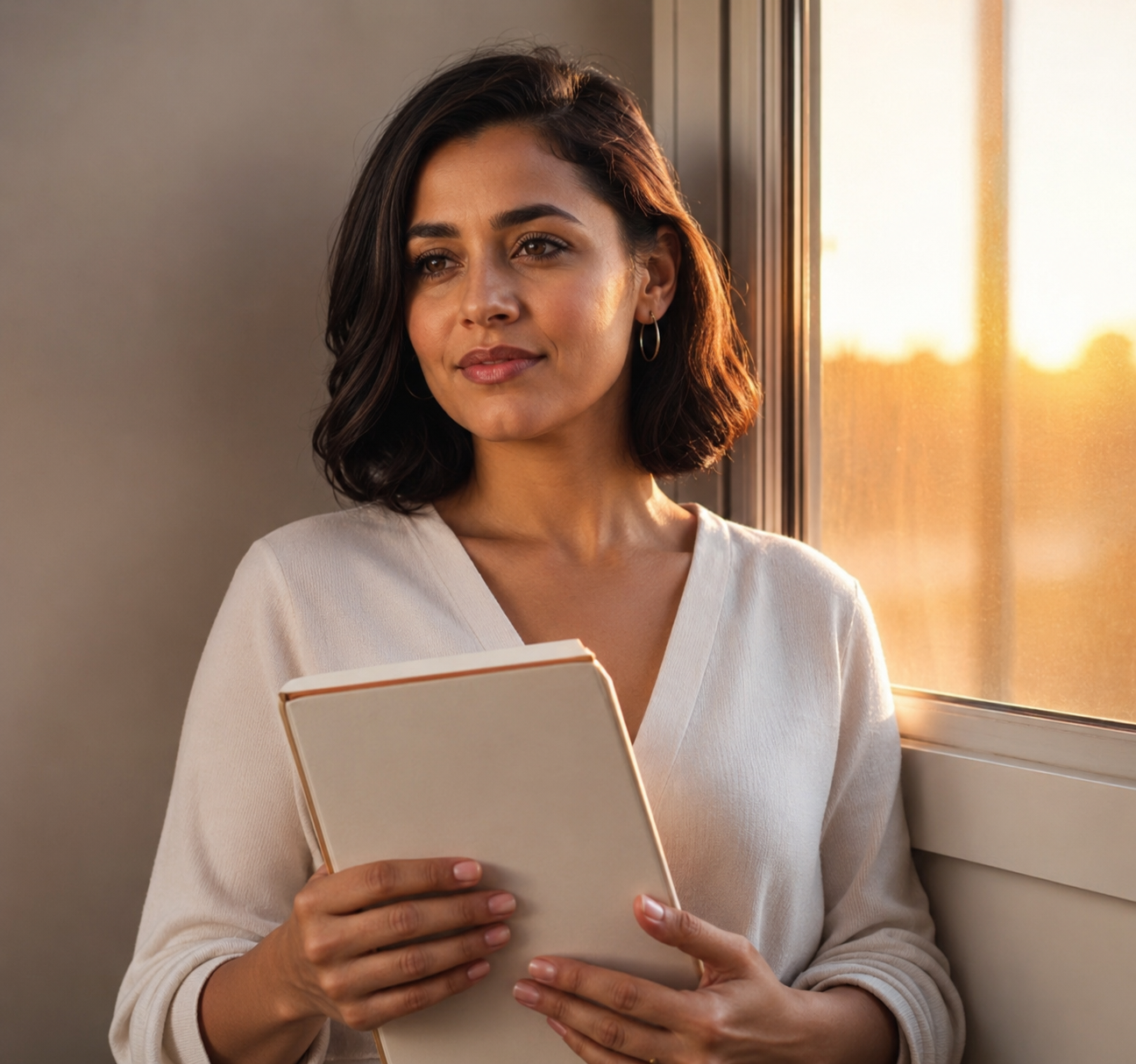 Mujer junto a una ventana al amanecer sosteniendo un diario, expresión serena y esperanzada
