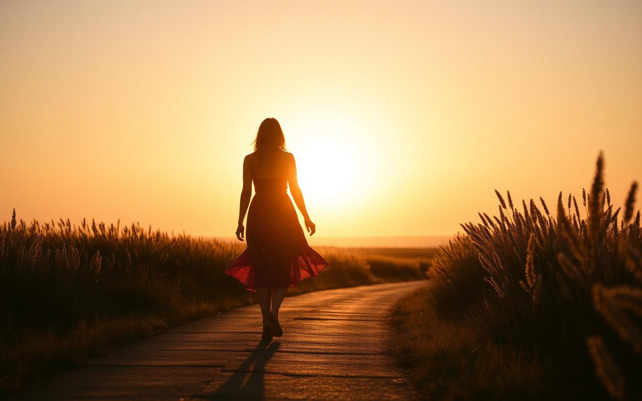 Mujer caminando al amanecer hacia un lugar iluminado
